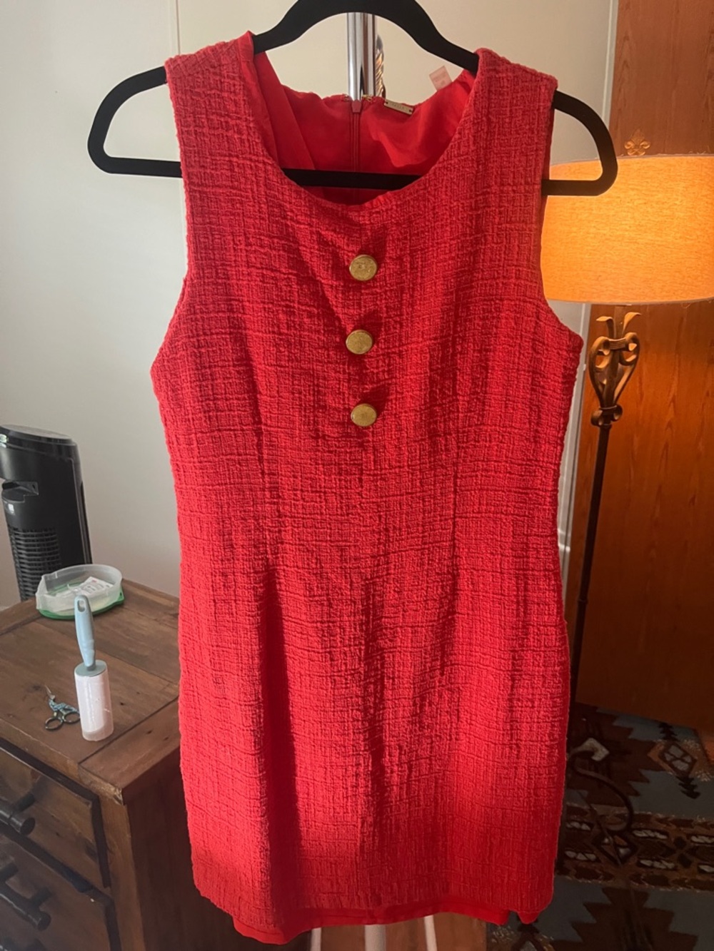 Tahari Red Textured Sleeveless Shift Dress with Gold Buttons